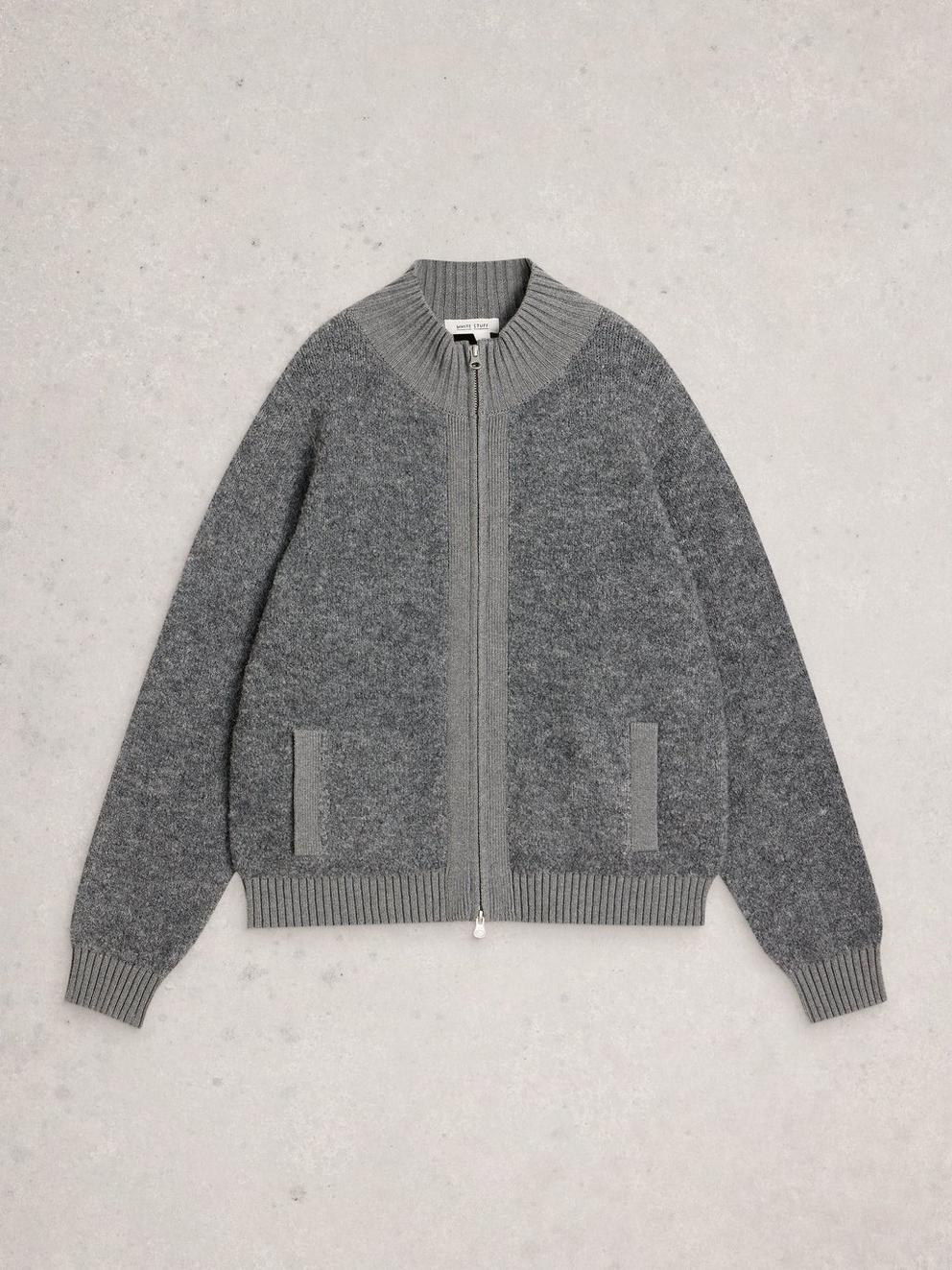 BOBBY BOUCLE ZIP CARDI in MID GREY - FLAT FRONT
