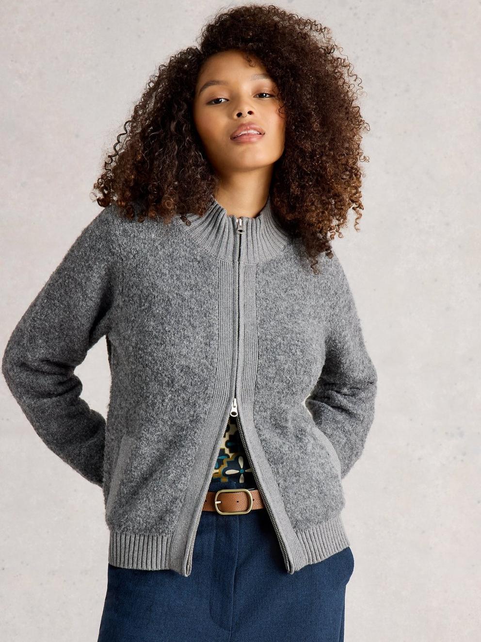 BOBBY BOUCLE ZIP CARDI in MID GREY - LIFESTYLE