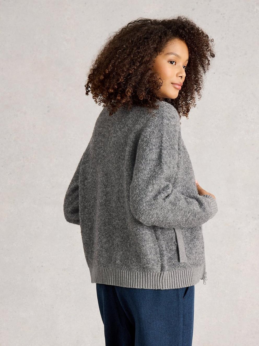 BOBBY BOUCLE ZIP CARDI in MID GREY - MODEL BACK