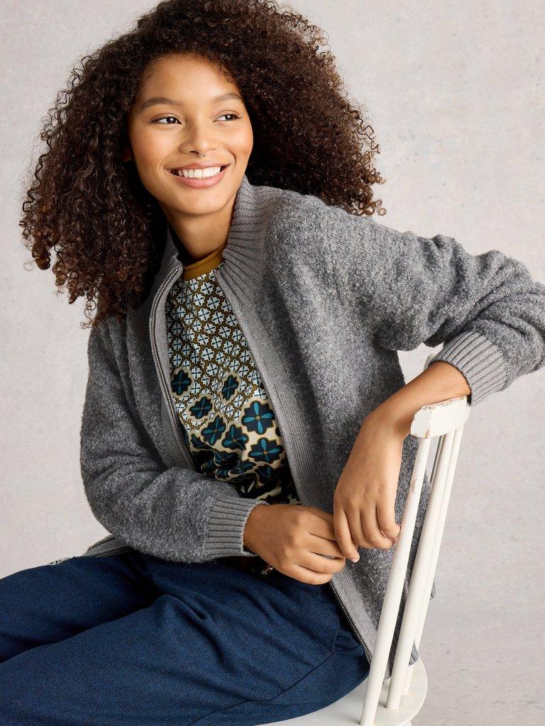 BOBBY BOUCLE ZIP CARDI in MID GREY - MODEL DETAIL
