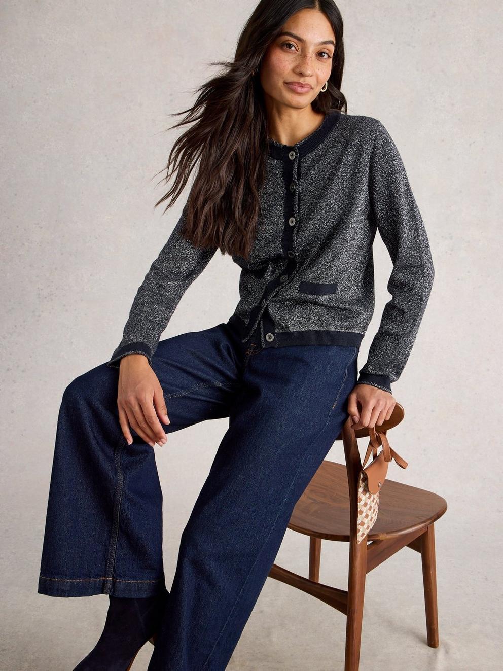 CHARLOTTE CREW NECK SPARKLE CARDI in DARK NAVY - LIFESTYLE