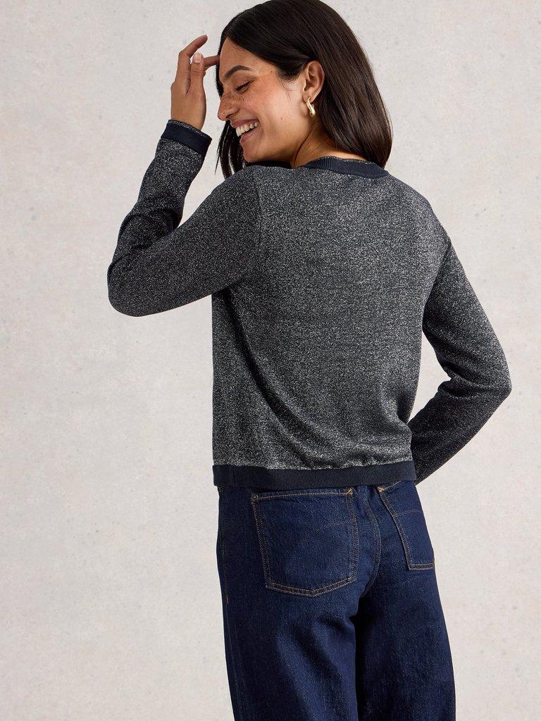 CHARLOTTE CREW NECK SPARKLE CARDI in DARK NAVY - MODEL BACK