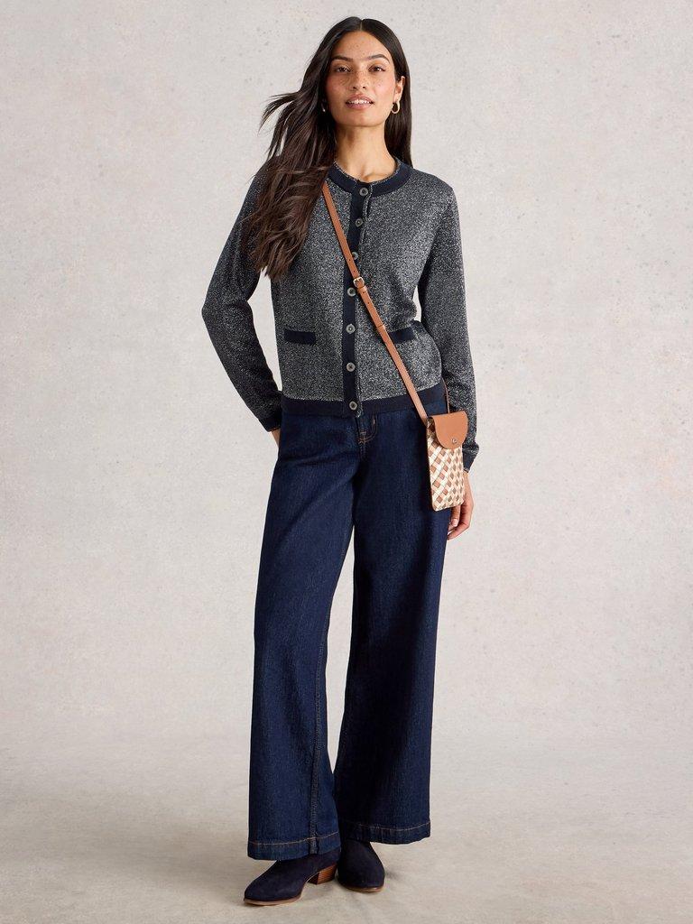 CHARLOTTE CREW NECK SPARKLE CARDI in DARK NAVY - MODEL FRONT