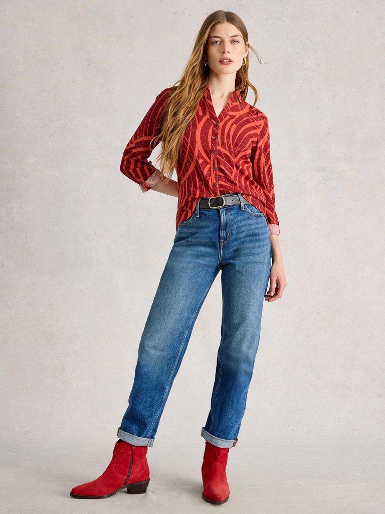 ANNIE PRINTED SPARKLE SHIRT in RED PR - MODEL FRONT