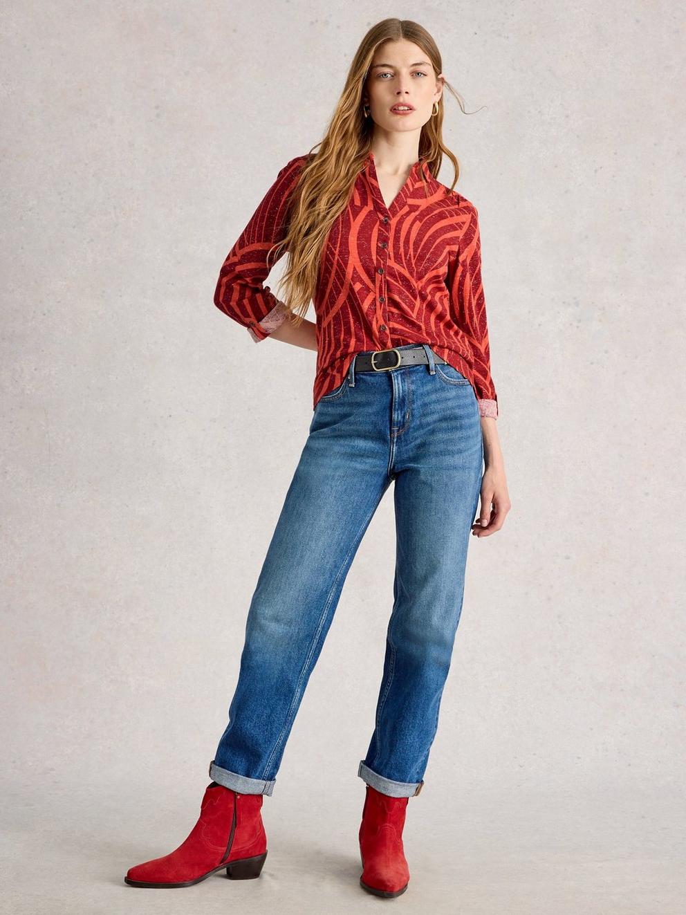 ANNIE PRINTED SPARKLE SHIRT in RED PR - MODEL FRONT