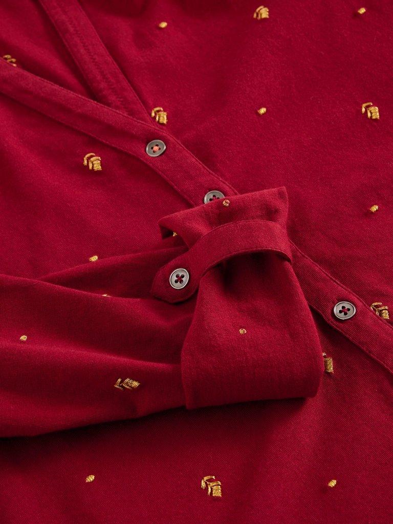 ANNIE EMBROIDERED JERSEY COLLARED SHIRT in DEEP RED - FLAT DETAIL