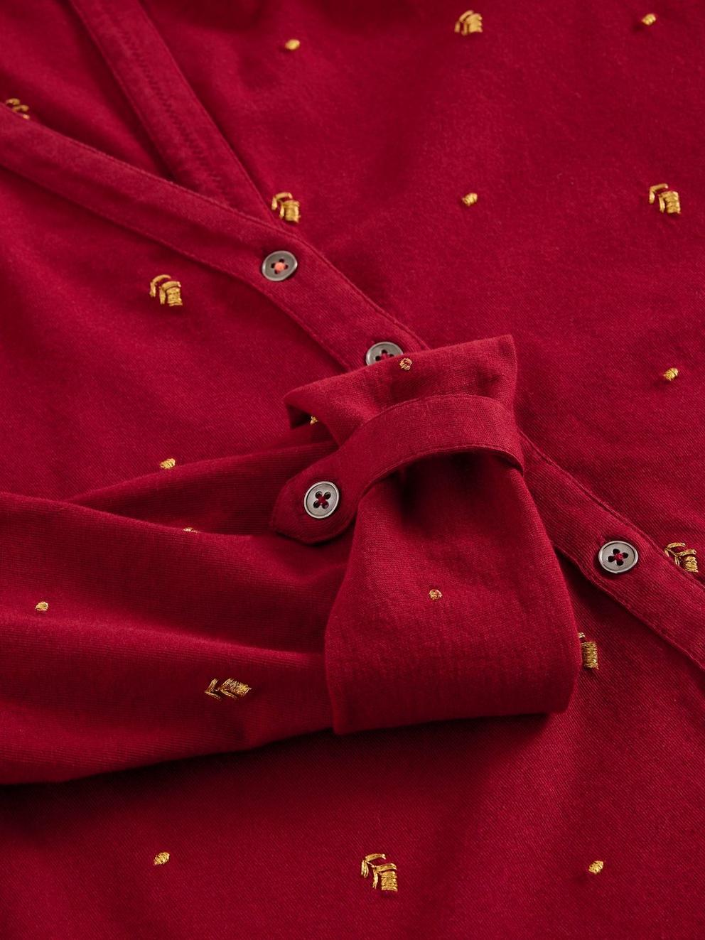 ANNIE EMBROIDERED JERSEY COLLARED SHIRT in DEEP RED - FLAT DETAIL