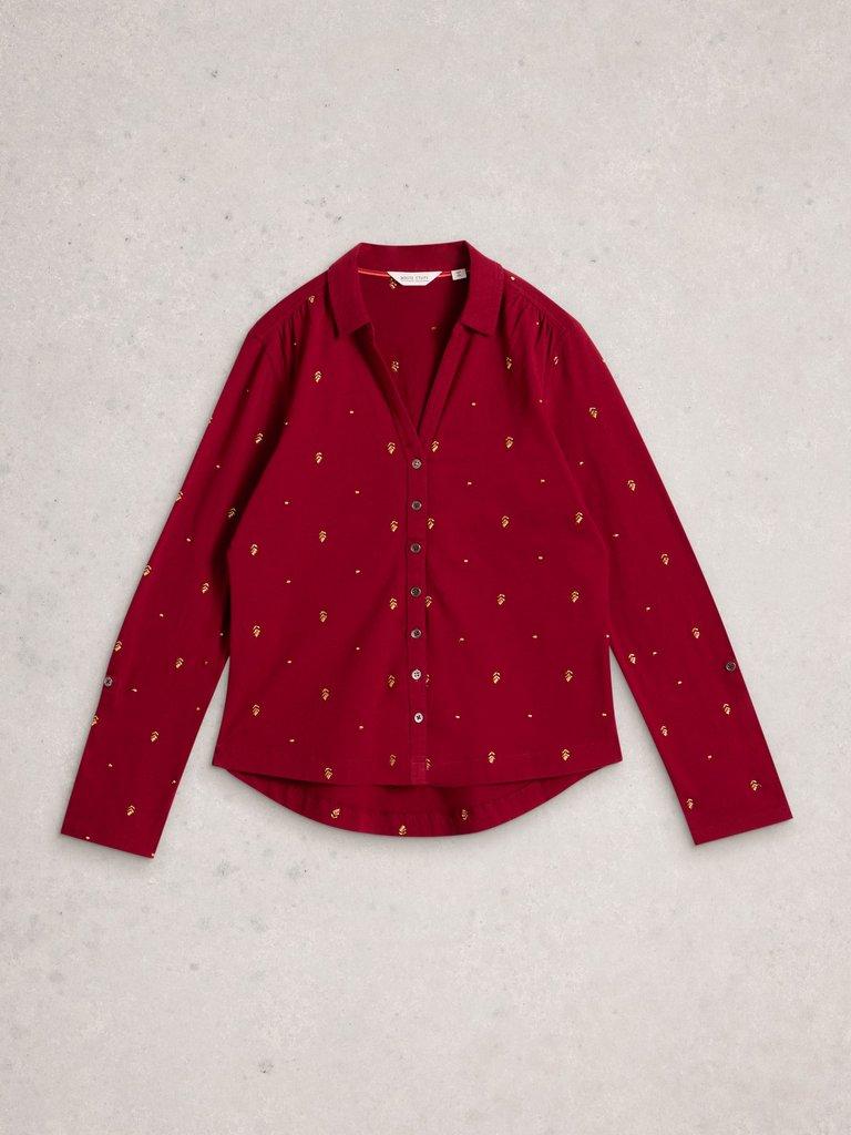 ANNIE EMBROIDERED JERSEY COLLARED SHIRT in DEEP RED - FLAT FRONT
