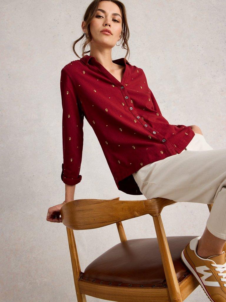 ANNIE EMBROIDERED JERSEY COLLARED SHIRT in DEEP RED - LIFESTYLE