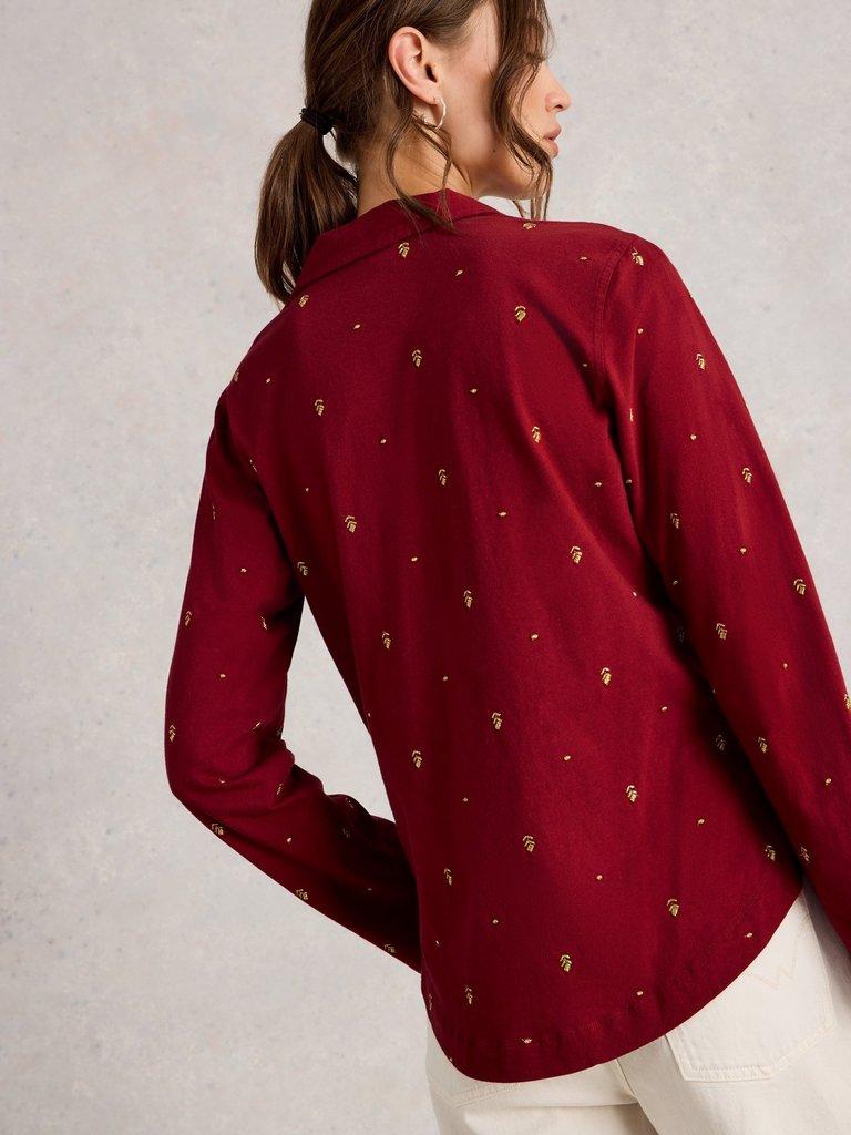 ANNIE EMBROIDERED JERSEY COLLARED SHIRT in DEEP RED - MODEL BACK