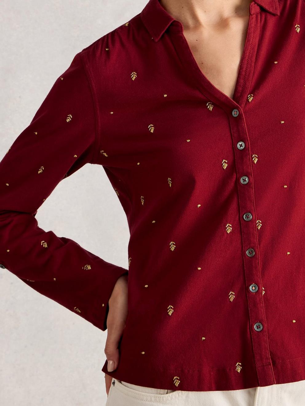 ANNIE EMBROIDERED JERSEY COLLARED SHIRT in DEEP RED - MODEL DETAIL