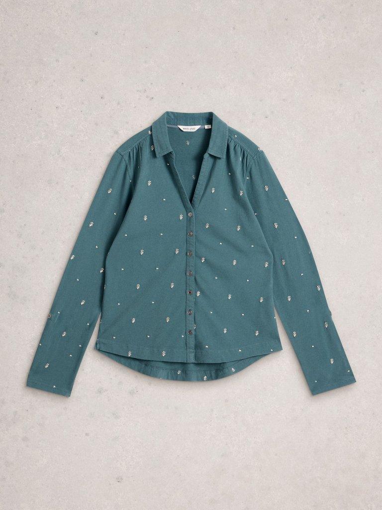 ANNIE EMBROIDERED JERSEY COLLARED SHIRT in MID BLUE - FLAT FRONT