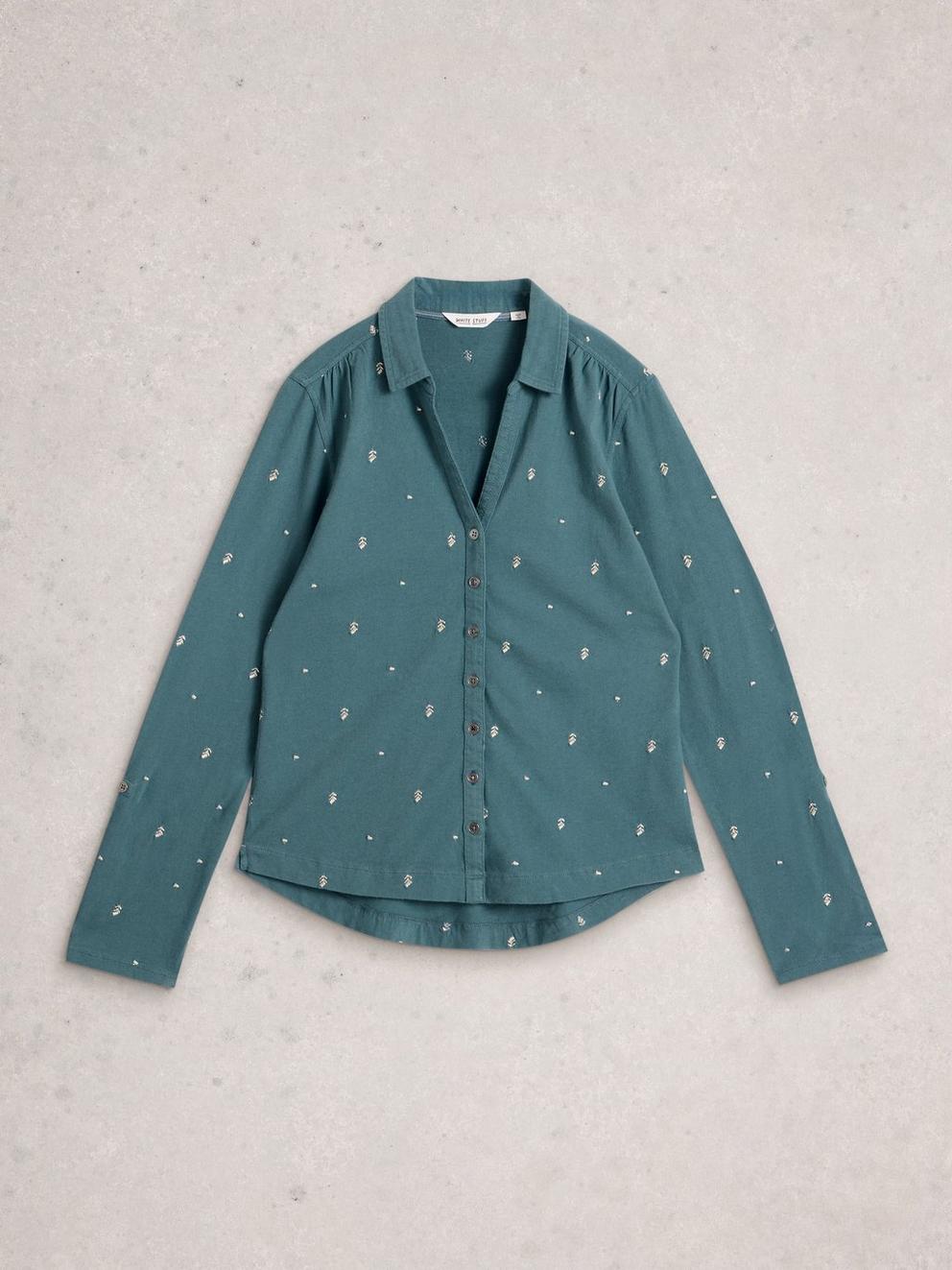 ANNIE EMBROIDERED JERSEY COLLARED SHIRT in MID BLUE - FLAT FRONT