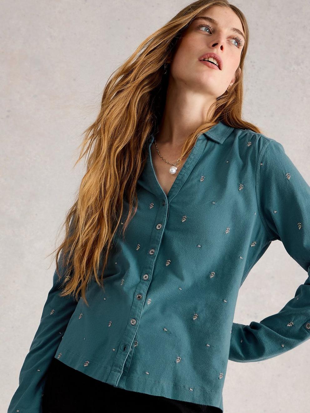 ANNIE EMBROIDERED JERSEY COLLARED SHIRT in MID BLUE - MODEL DETAIL