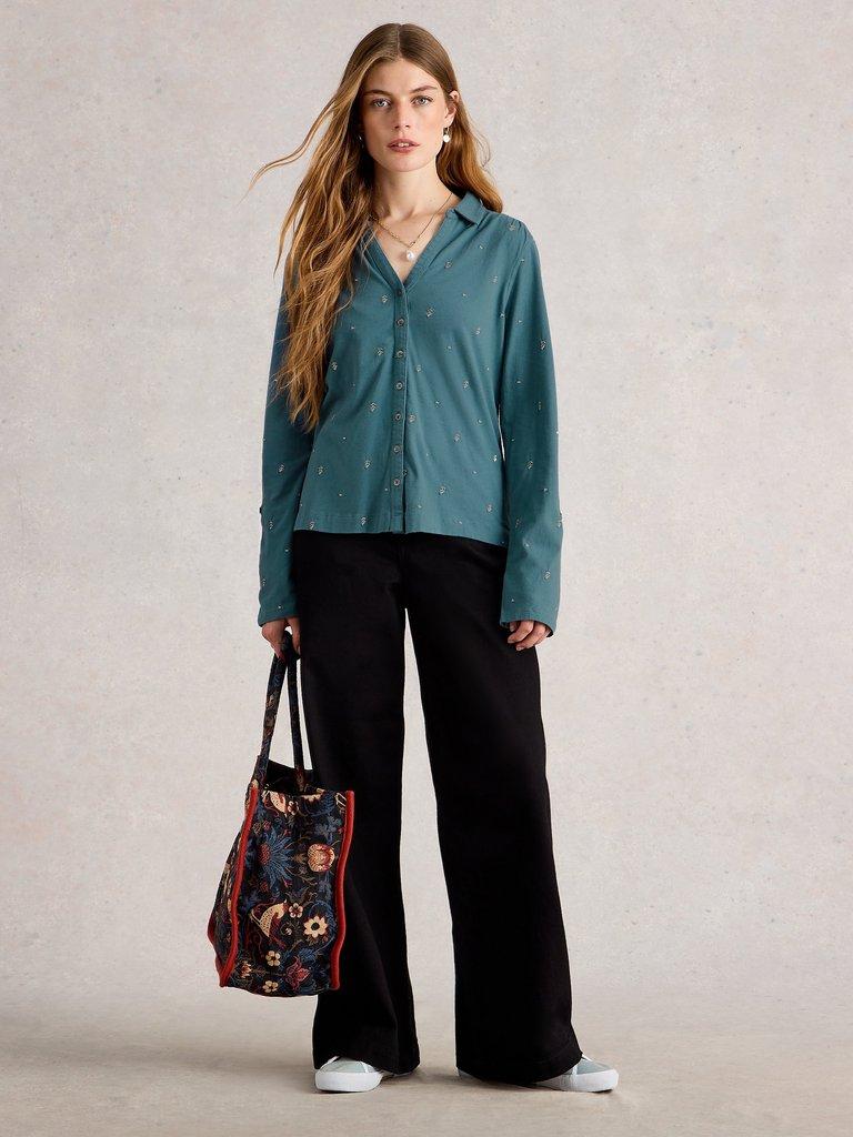 ANNIE EMBROIDERED JERSEY COLLARED SHIRT in MID BLUE - MODEL FRONT