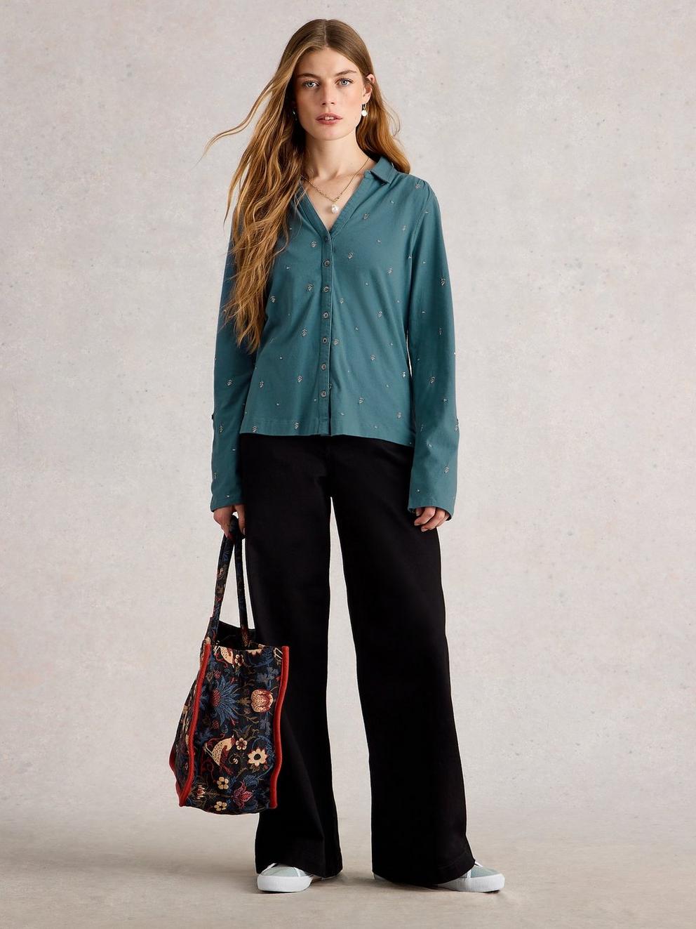 ANNIE EMBROIDERED JERSEY COLLARED SHIRT in MID BLUE - MODEL FRONT