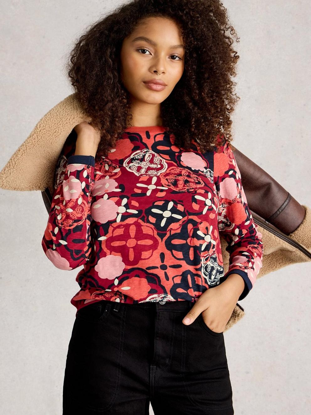 CLARA LONG SLEEVE CREW NECK TEE in RED PR - MODEL DETAIL
