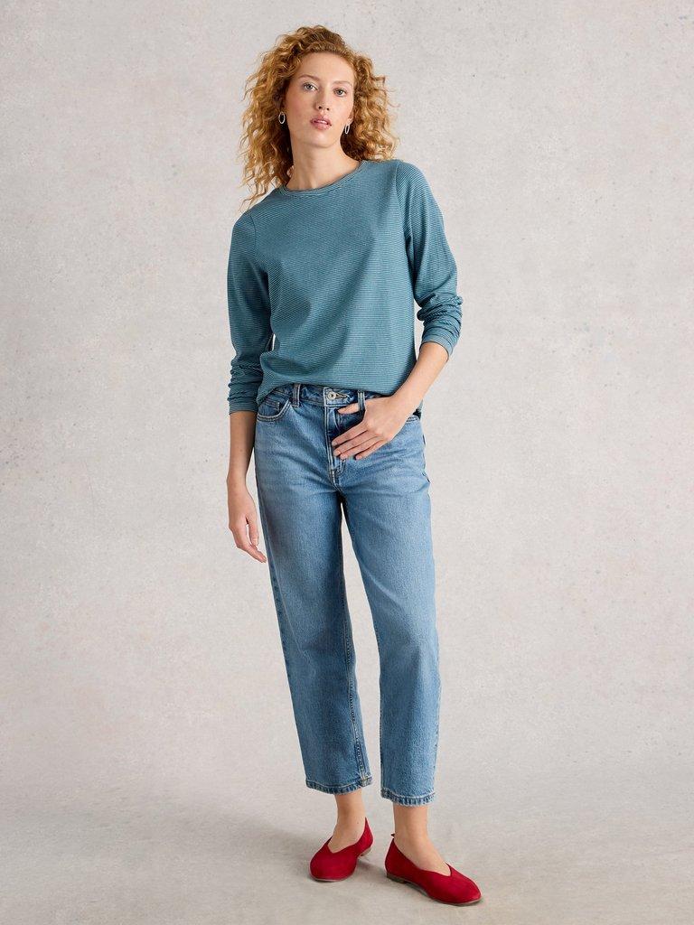 CLARA LS SPARKLE TEE in MID BLUE - MODEL FRONT