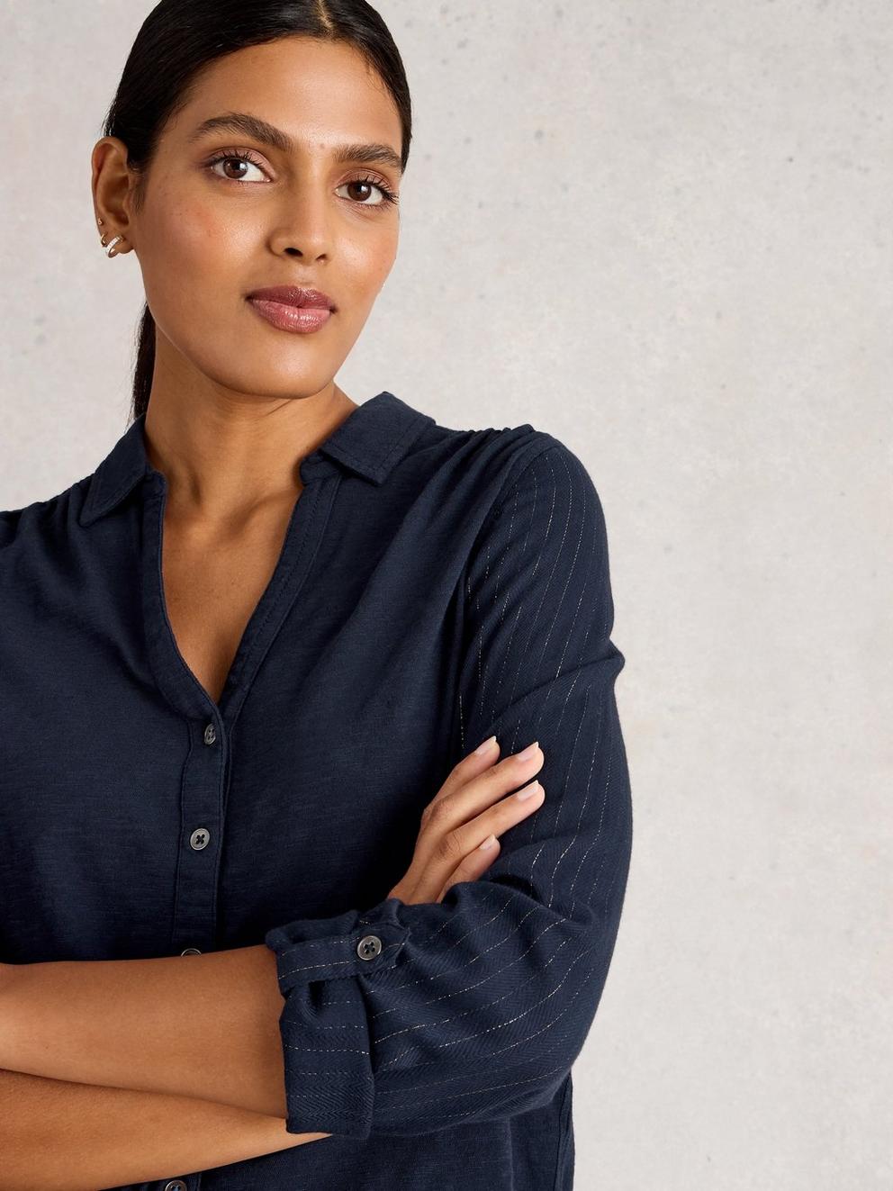 ANNIE SPARKLE MIX SHIRT in DARK NAVY - MODEL DETAIL