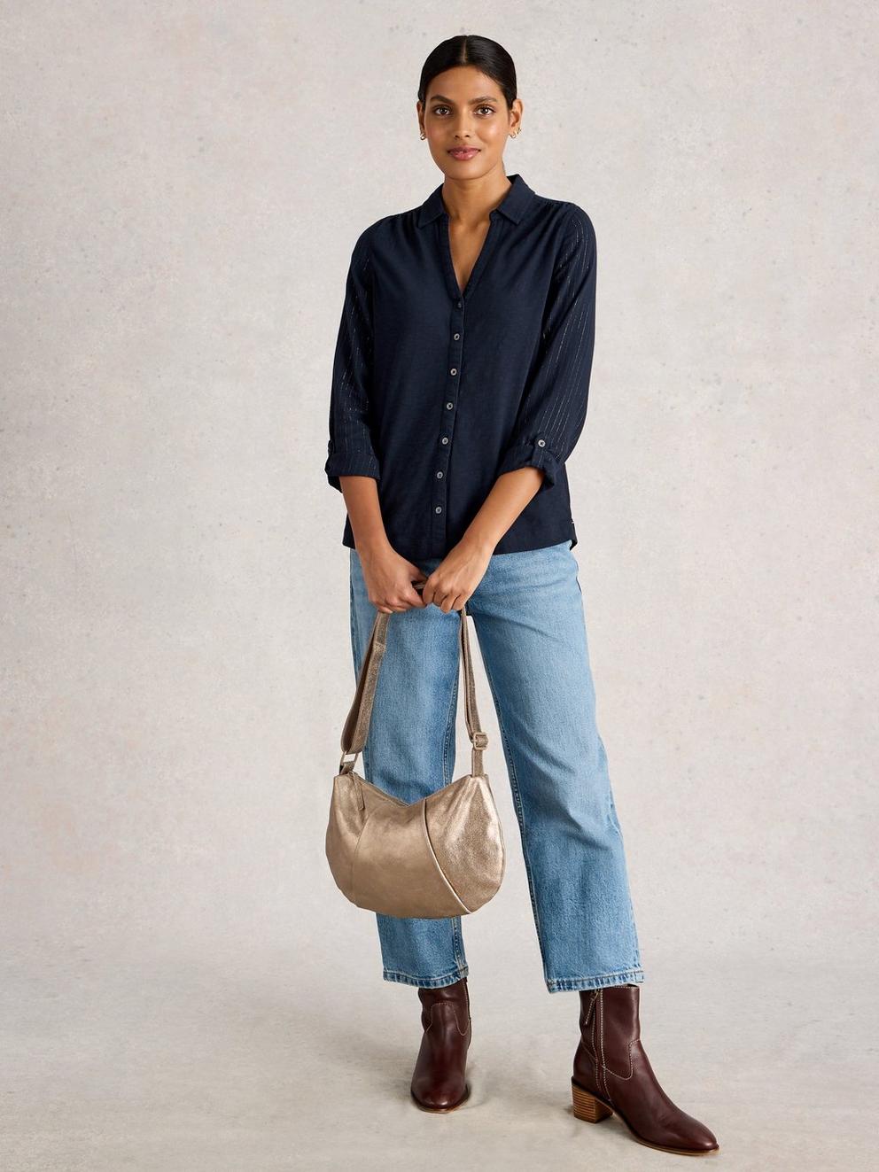 ANNIE SPARKLE MIX SHIRT in DARK NAVY - MODEL FRONT