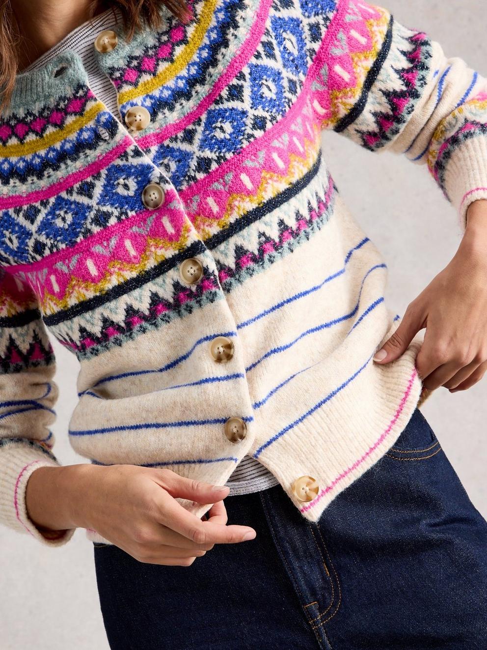 ARCTIC FAIRISLE CARDIGAN in IVORY MLT - MODEL DETAIL