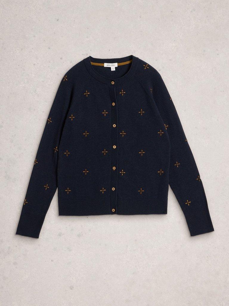 LULU LONG SLEEVE EMBROIDERED CARDI in NAVY MULTI - FLAT FRONT