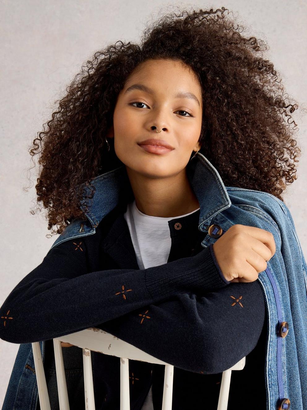 LULU LONG SLEEVE EMBROIDERED CARDI in NAVY MULTI - LIFESTYLE