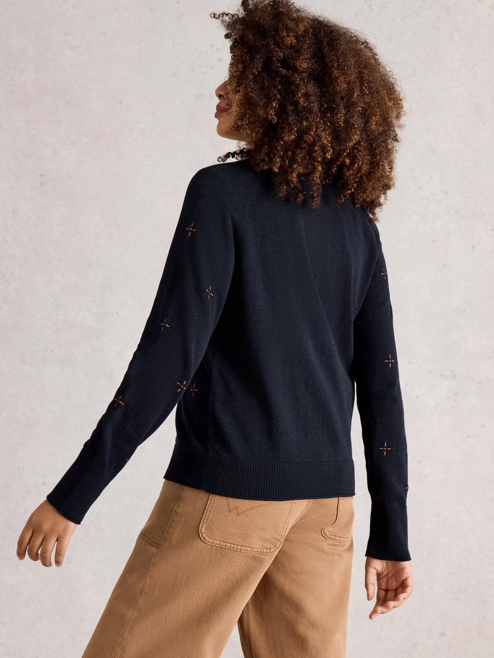 LULU LONG SLEEVE EMBROIDERED CARDI in NAVY MULTI - MODEL BACK