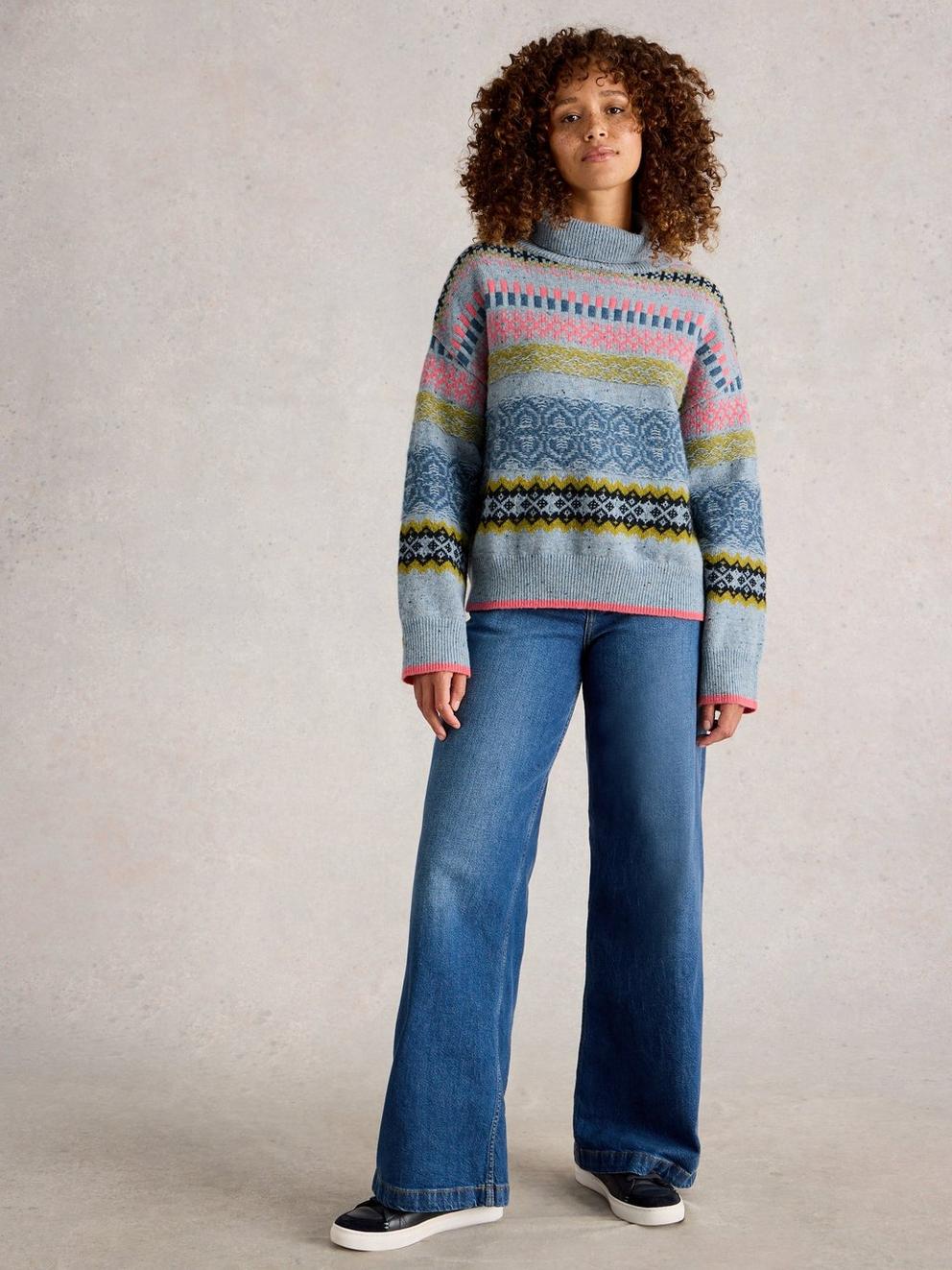 FELICITY FAIRISLE JUMPER in BLUE MLT - MODEL FRONT