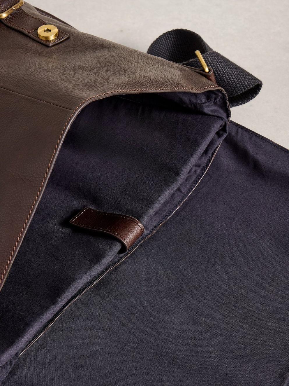 Connor Leather Messenger Bag in DK BROWN - FLAT DETAIL