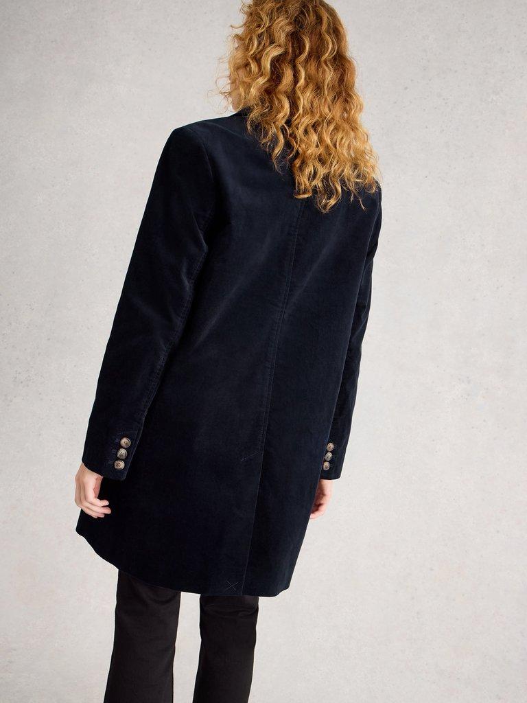 Harper Velvet Coat in DARK NAVY - MODEL BACK