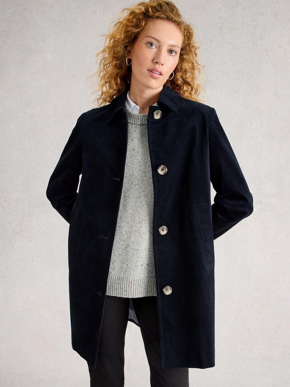 Harper Velvet Coat in DARK NAVY - MODEL DETAIL