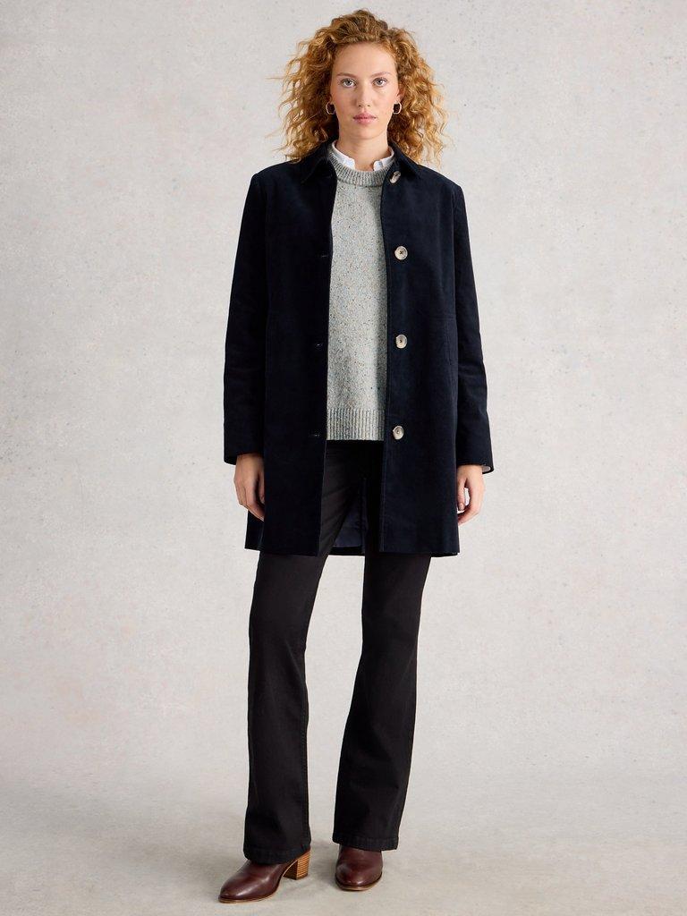 Harper Velvet Coat in DARK NAVY - MODEL FRONT