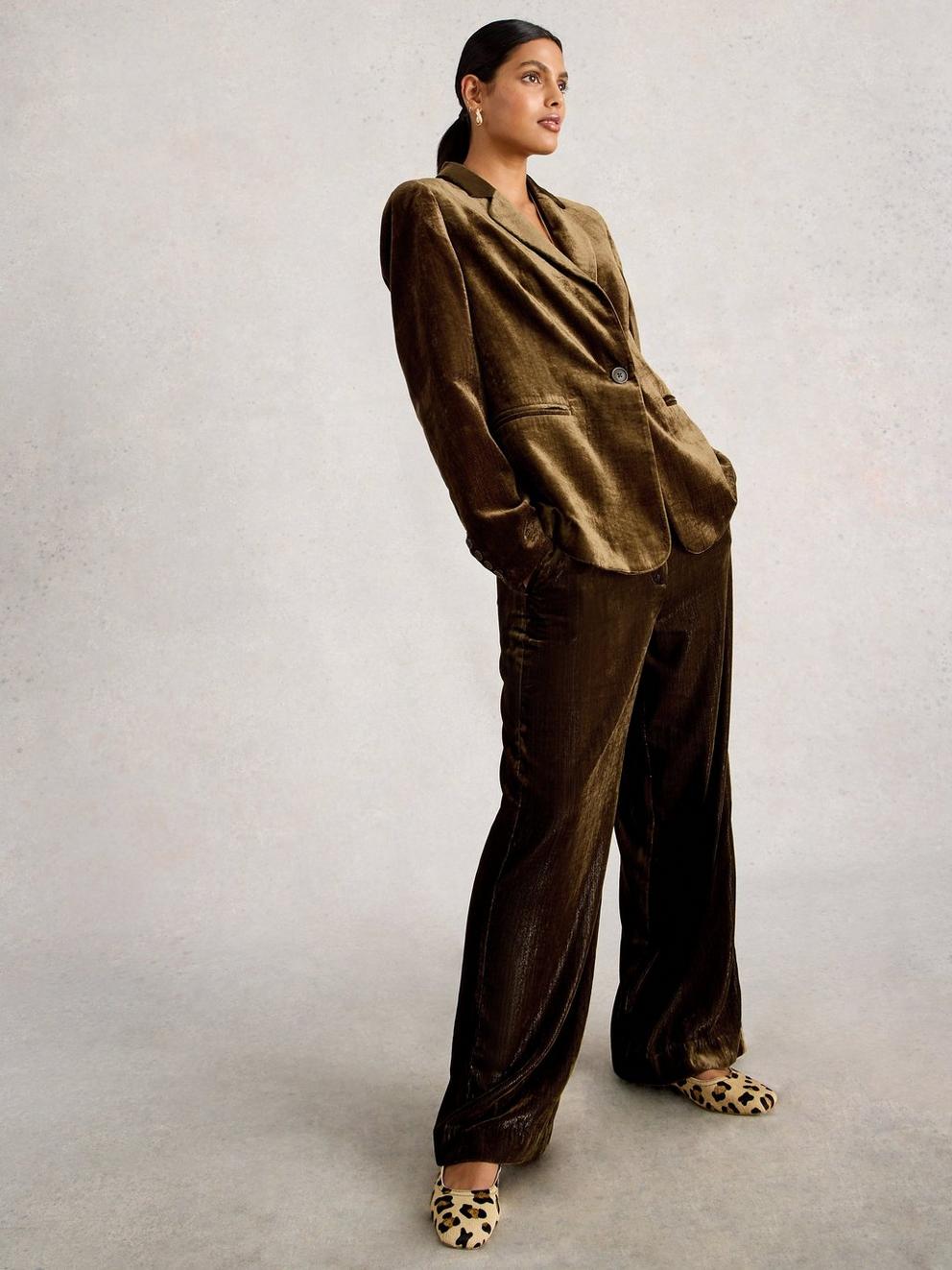 Belle Velvet Wide Leg Trouser in DK CHART - MODEL FRONT