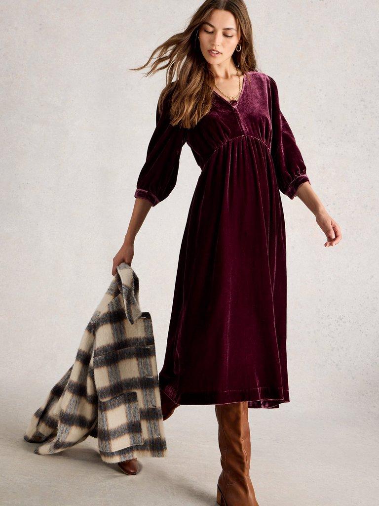 Lucy Velvet Dress in DK PLUM White Stuff