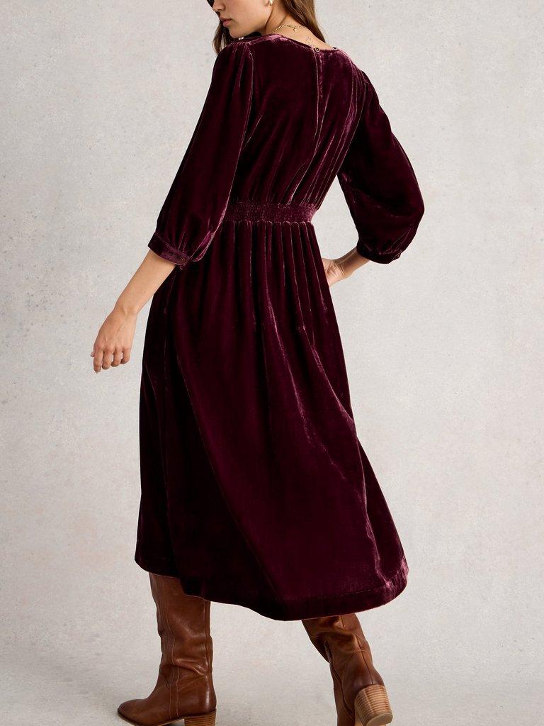 Lucy Velvet Dress in DK PLUM - MODEL BACK