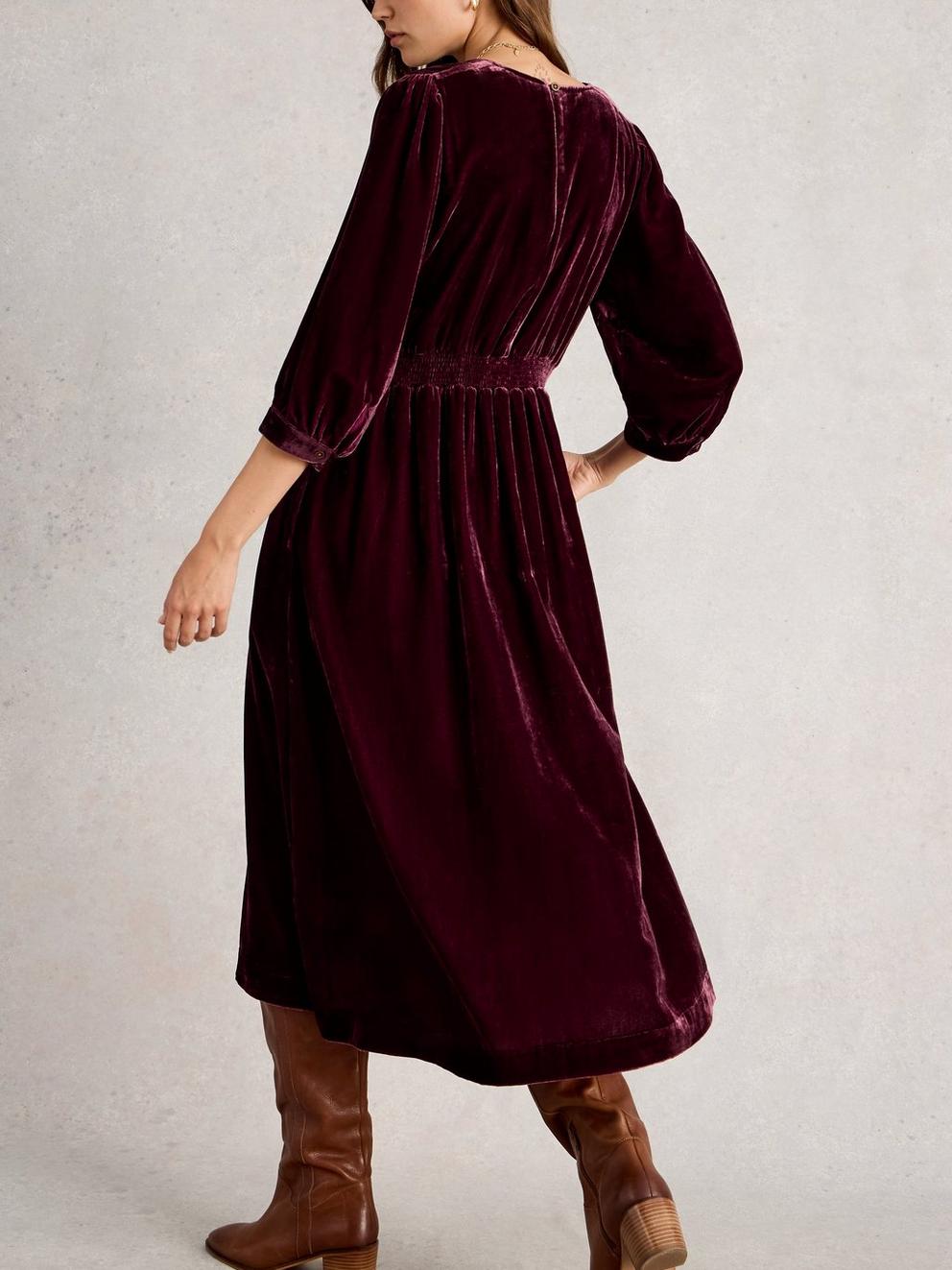 Lucy Velvet Dress in DK PLUM - MODEL BACK