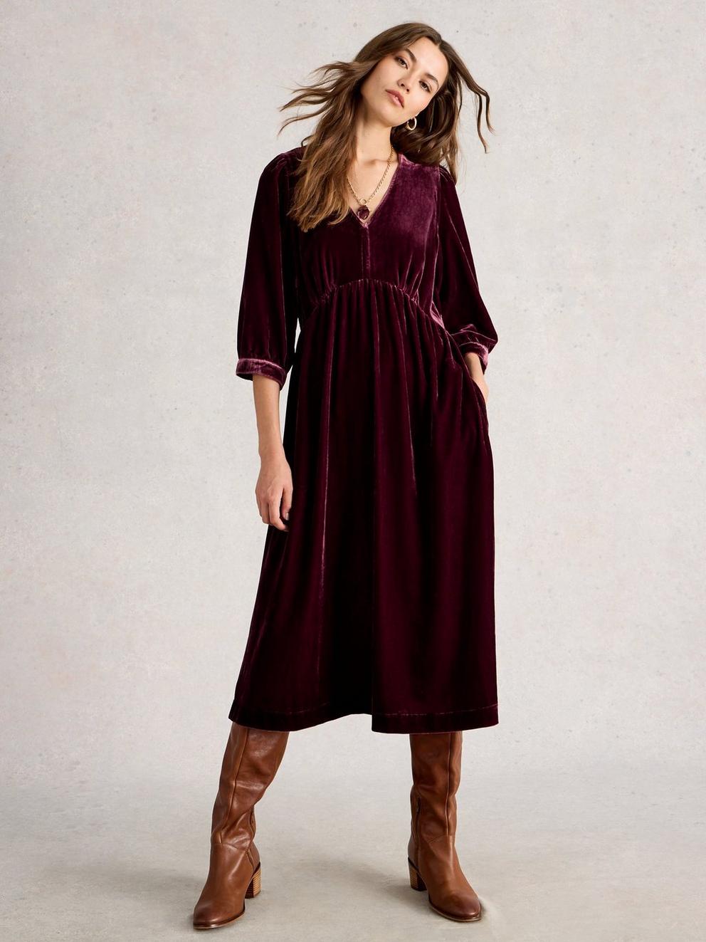Lucy Velvet Dress in DK PLUM - MODEL FRONT