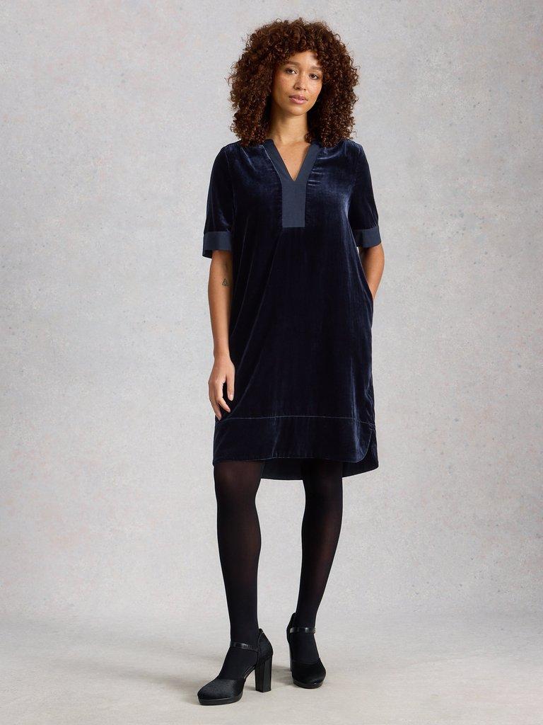 June Velvet Dress in DARK NAVY - MODEL FRONT