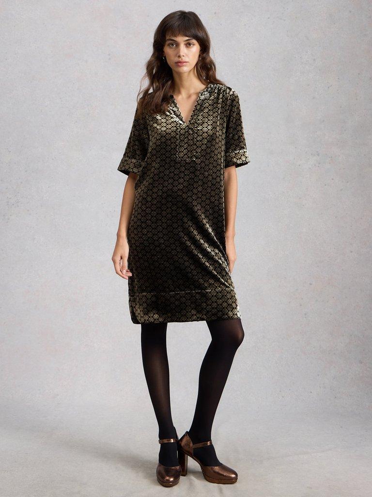 June Velvet Dress in NAT MLT - MODEL FRONT