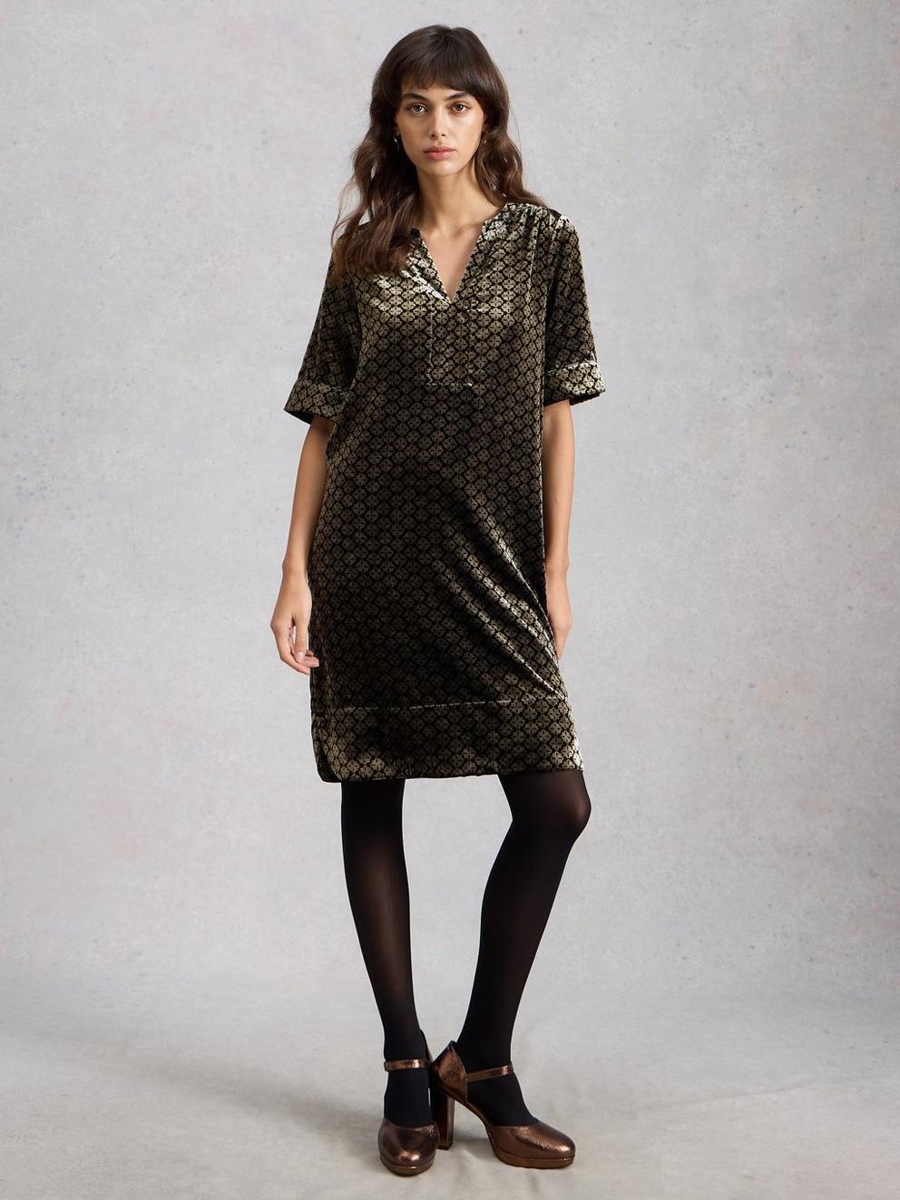 June Velvet Dress in NAT MLT - MODEL FRONT