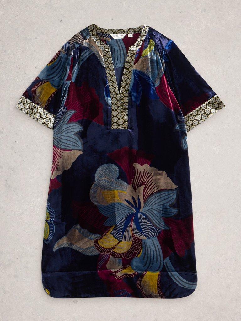 June Velvet Dress in NAVY MULTI - FLAT FRONT