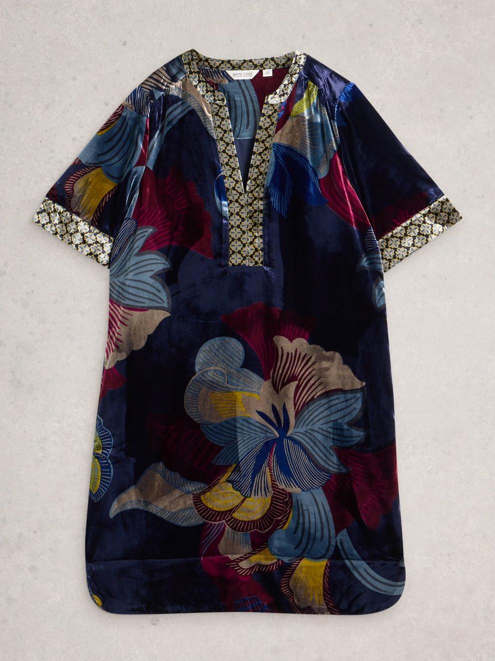 June Velvet Dress in NAVY MULTI - FLAT FRONT