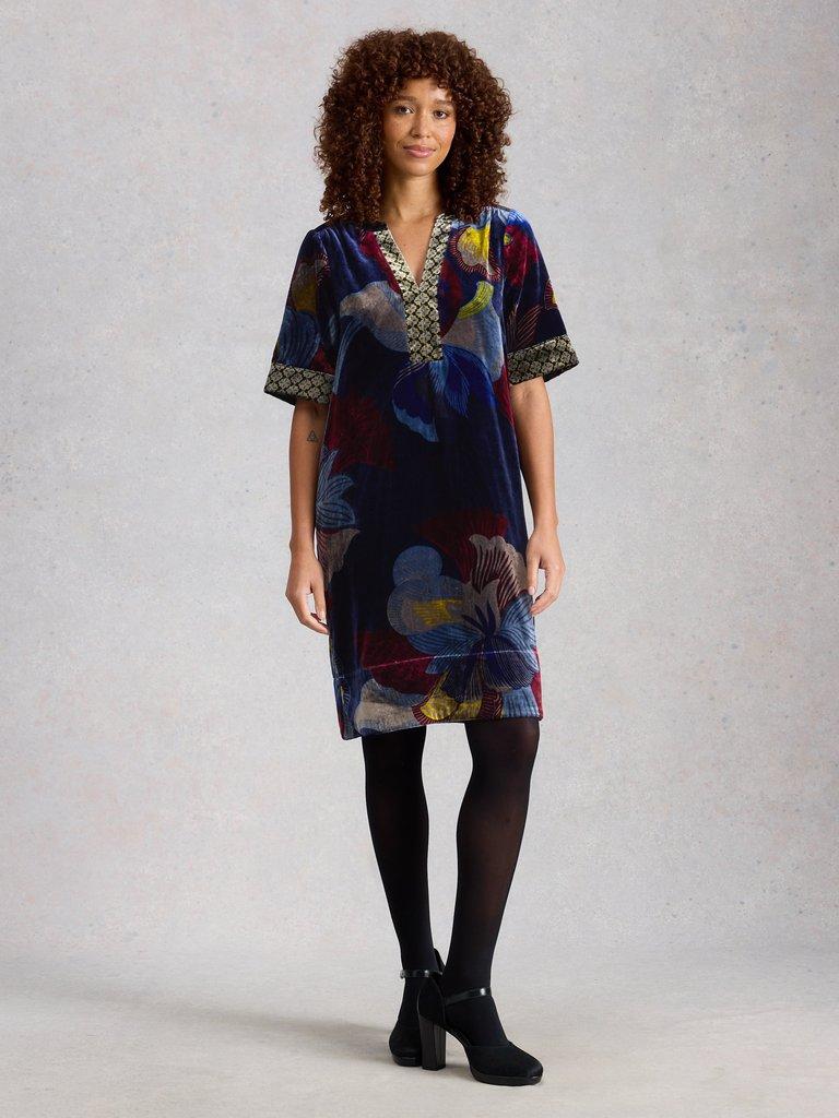 June Velvet Dress in NAVY MULTI - MODEL FRONT