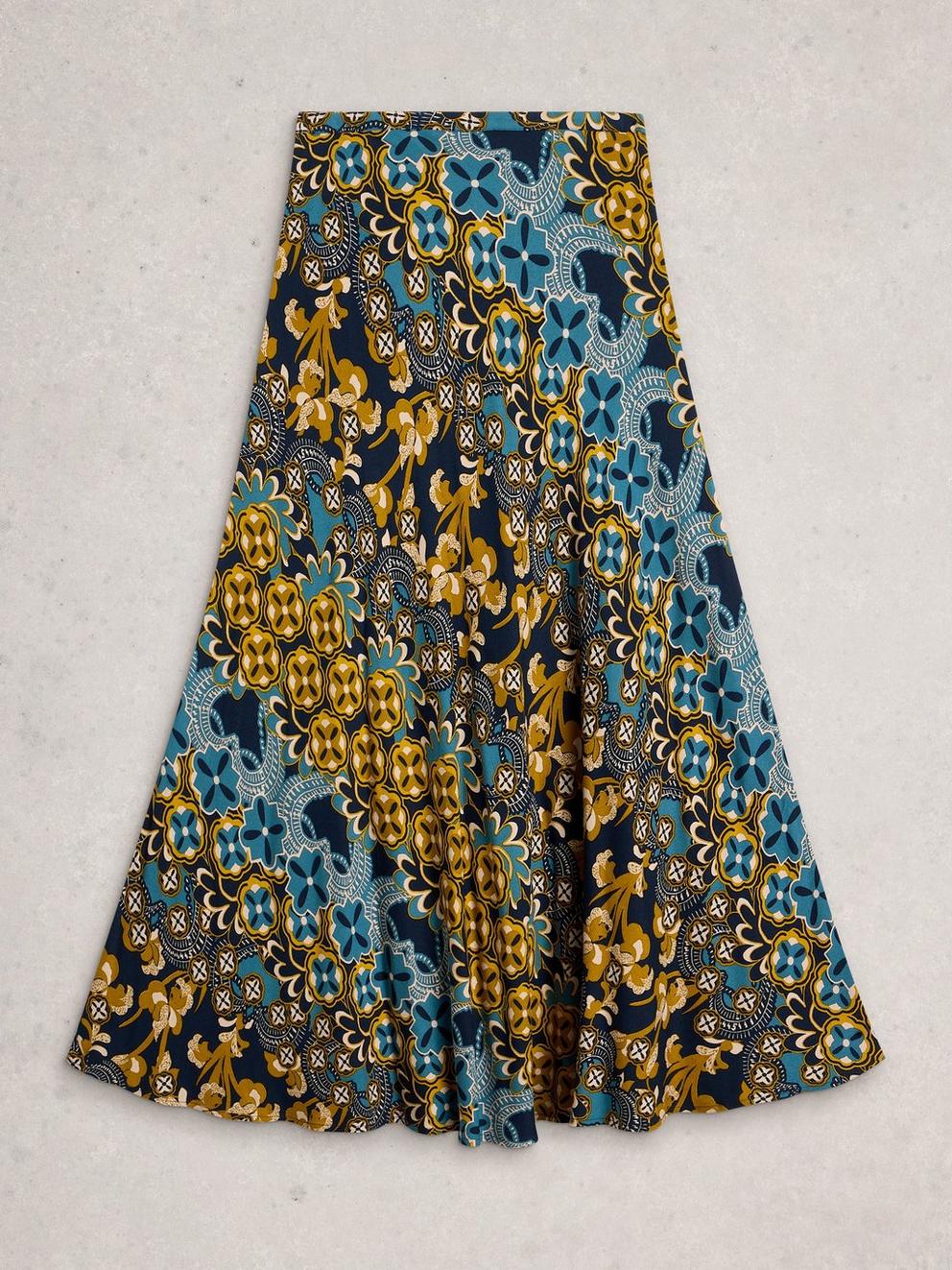 Hope Bias Cut Maxi Print Skirt in NAVY MULTI - FLAT FRONT