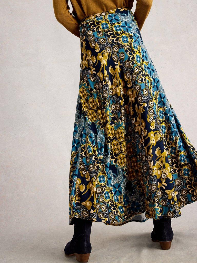 Hope Bias Cut Maxi Print Skirt in NAVY MULTI - MODEL BACK