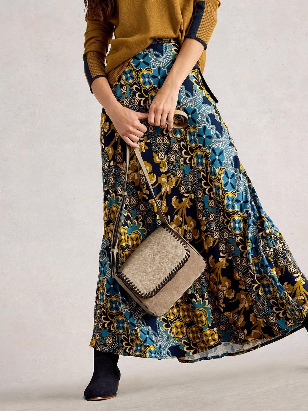 Hope Bias Cut Maxi Print Skirt in NAVY MULTI - MODEL DETAIL