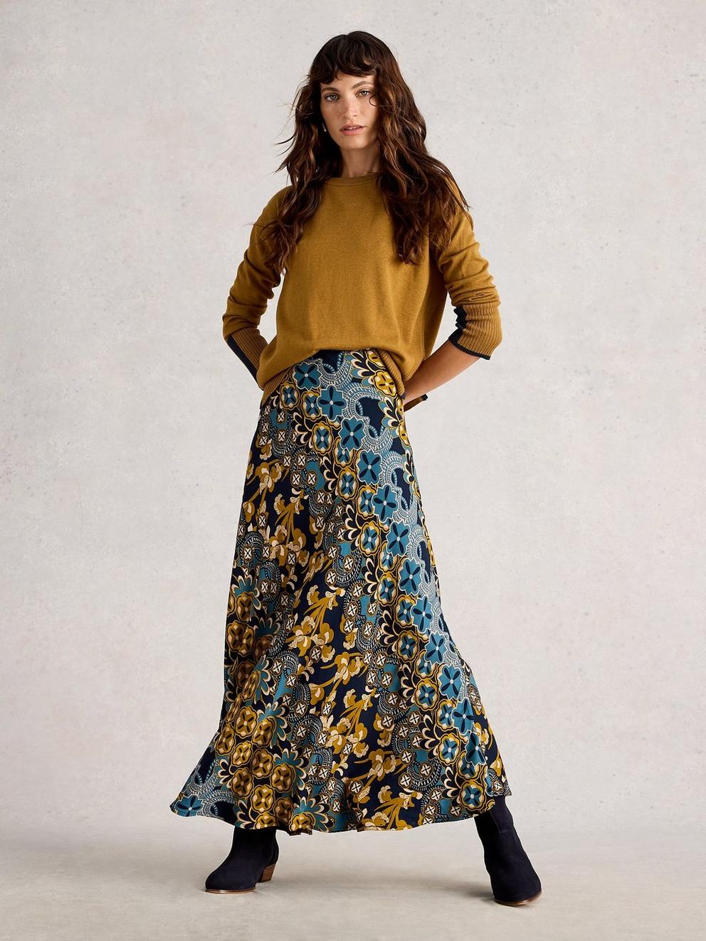 Hope Bias Cut Maxi Print Skirt in NAVY MULTI - MODEL FRONT