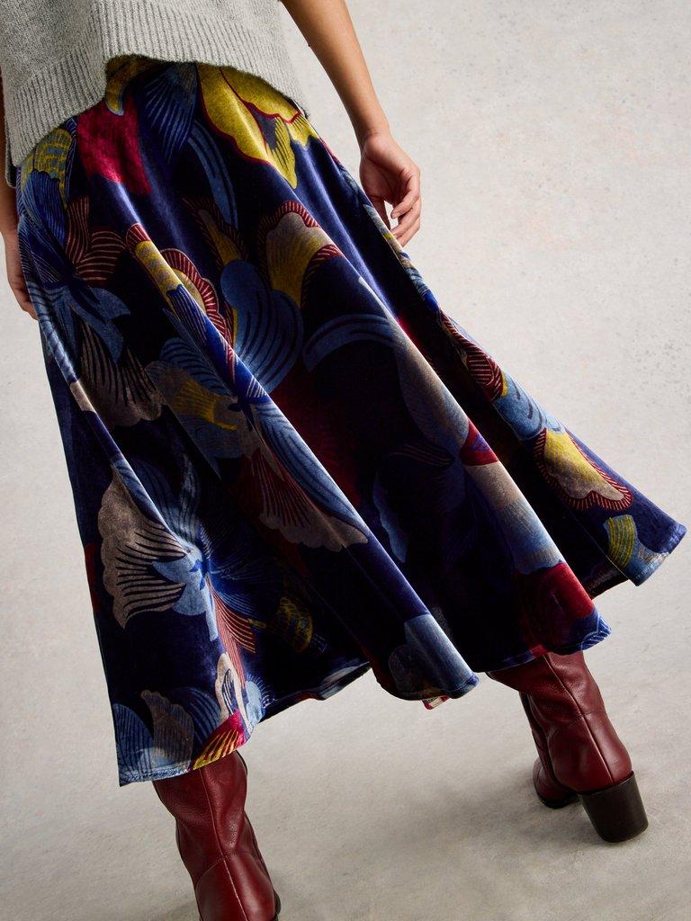 Hope Bias Cut Velvet Skirt in NAVY MULTI - MODEL BACK