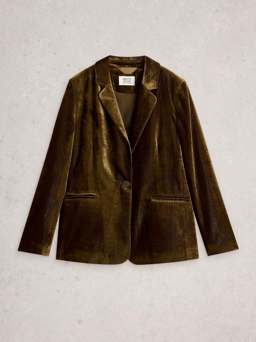 Evelyn Collared Velvet Blazer in DK CHART - FLAT FRONT